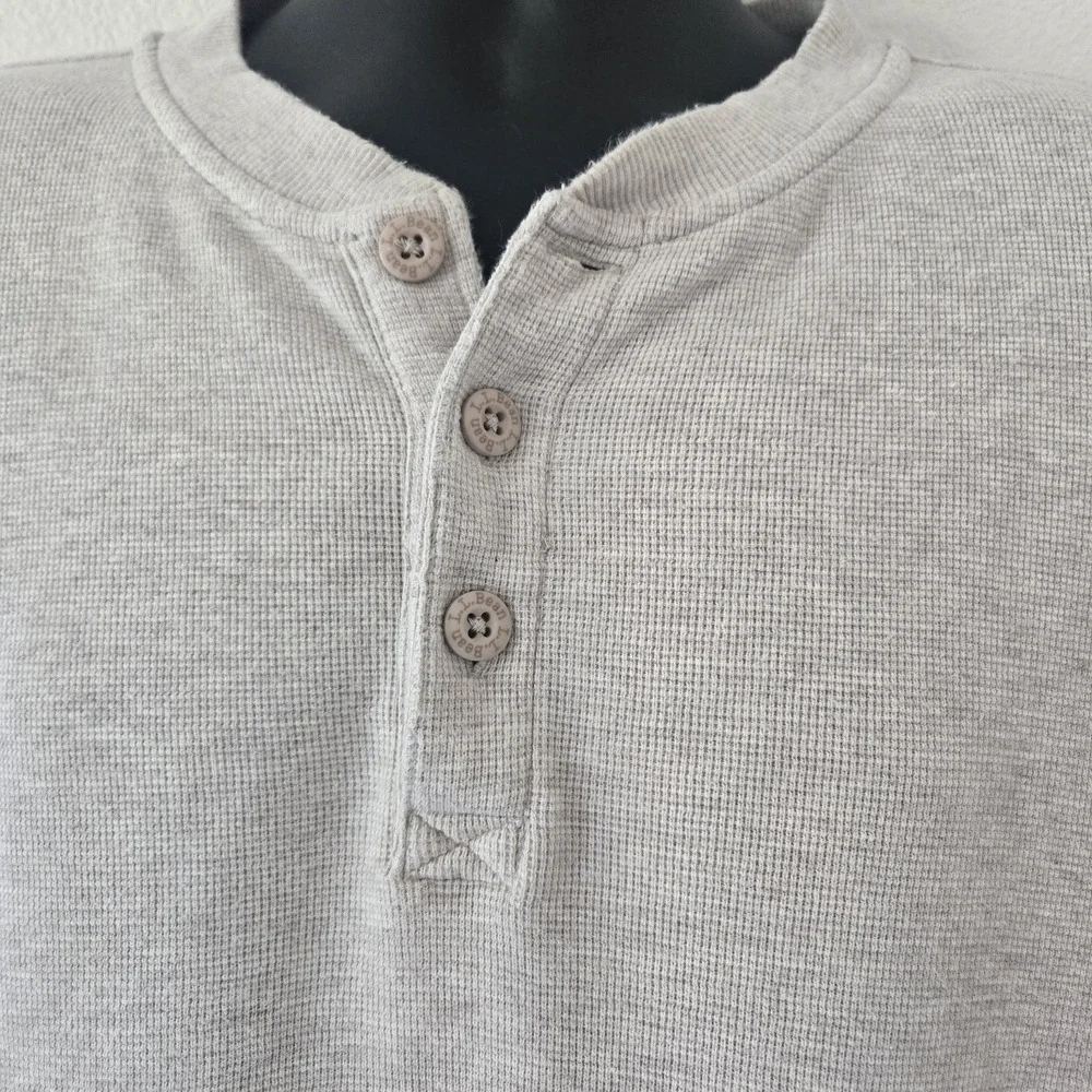LL Bean Mens Large Beige Cotton Thermal  Long Sleeve Henley Shirt Waffle Knit